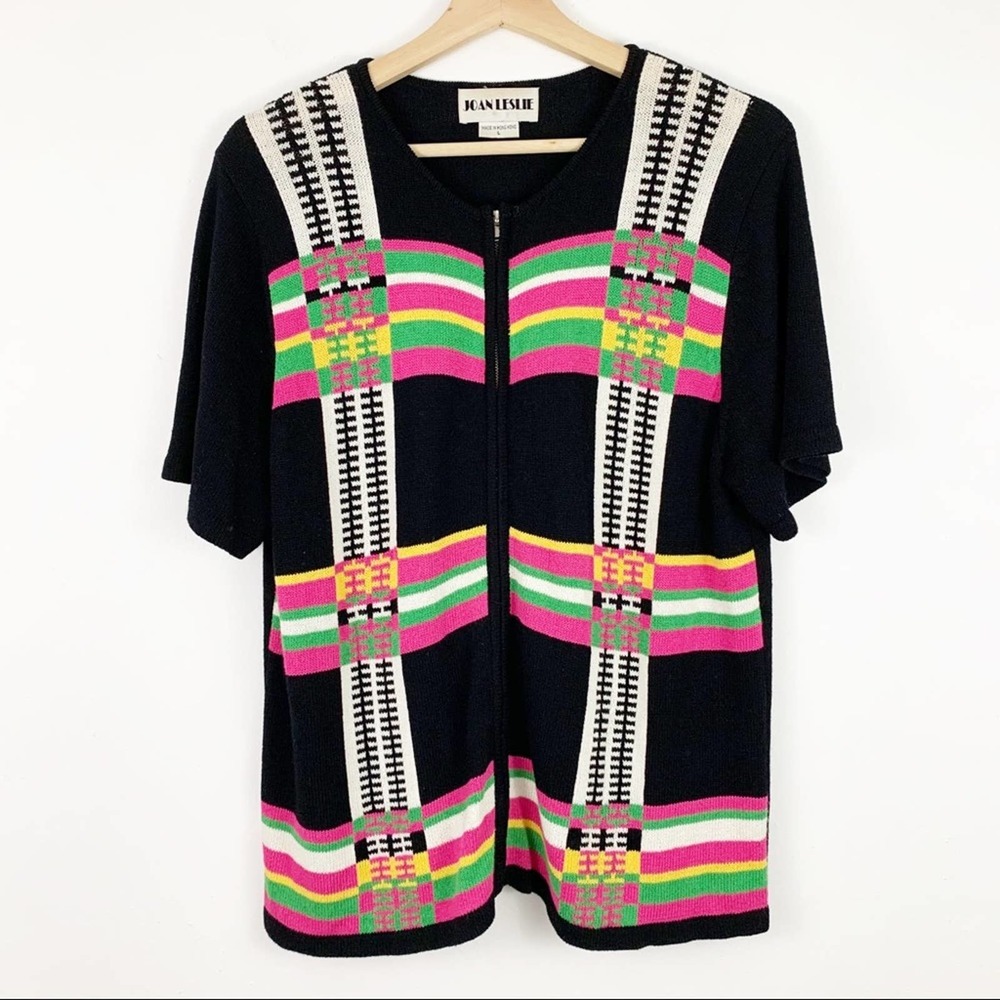 Vintage Joan Leslie Zip Up Cardigan L Large Black Knit Short Sleeves Hong Kong